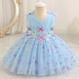 AWIBMK Kids Baby Girls Butterfly Tulle Tutu Dress Sleeveless Pleated V-Neck Bowknot Birthday Wedding Party Dresses Blue Colorful 3-4 Years
