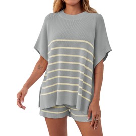 Fisoew Women's Striped 2 Piece Outfits Oversized Batwing Short Sleeve Tops High Waisted Shorts Summer Knit Lounge Short Sets Light Grey