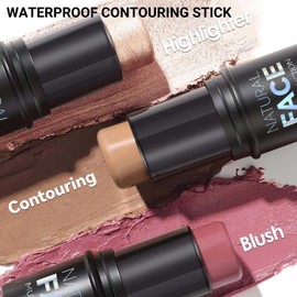 3Pcs Contour Stick Blush & Bronzer Stick - Cream Highlighter for Cheeks Eyes Lips,Blendable Waterproof Long-Lasting Makeup for All Skin Types, Perfect for Effortless Face Makeup