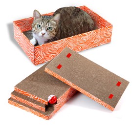 Koimsec Cat Scrather Box with 4 pcs Large Cat Scratching Cardboard and Toy Ball, Catnip, 4 in 1 Large Refillable & Reversible Cat Scratcher Pad, Cardboard Cat Bed for Big Medium Small Lazy Kitty
