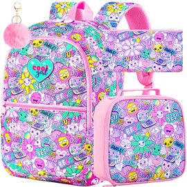 FTJCF 16.5" Backpack for Girls, 3Pcs Girls Smile Face Bookbag with Lunch Box，Lightweight Kids Backpacks Set for Kindergarten/Preschool/Elementary School (Emoji)