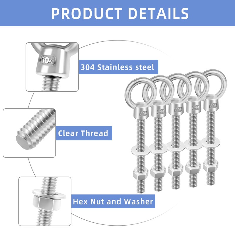 1/4" x 6" Eye Bolt, 304 Stainless Steel Eye Bolts