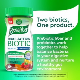 Benefiber Prebiotic Fiber Supplement Gummies with Probiotics for Digestive Health, Assorted Fruit Flavors - 50 Count