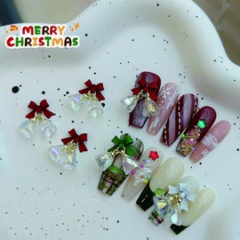 Christmas Bow Nail Charms Y2k Christmas Jingle Bell Bow Bowknot Charms for Nails Christmas Nail Art Stichers 7PCS (Multi)