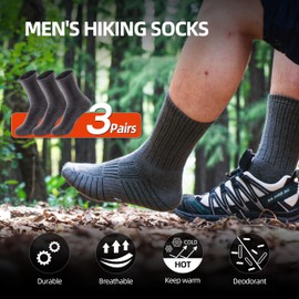 RUNCL Men's Hiking Socks, Merino Wool Cushion Socks, Thermal & Moisture Wicking Crew Socks for Outdoor Sports, Christmas Gifts for Father, Boyfriend (3 Pairs Grey, XL)