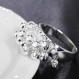 Womens Fashion Dainty S925 Sterling Silver Band Ring with Tassel Grape Dangles (Ring_A, 9.0)