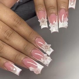 FIEONCIY Press on Nails Coffin Long Glossy Full Cover Acrylic French Square False Nails with Floral Bow Stars Designs Artificial Ballerina Fake Nails with Charm Glue Stick on Fingernails for Women