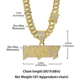 Hip hop necklace alloy full diamond MONEY letter pendant Cuban necklace Hip hop men's and women's necklace, Stainless Steel, rhinestone rhinestone