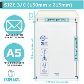 Triplast White Bubble Padded Envelopes - Pick Qty & Size: 50 x 3/C (150x215mm) A5 Envelopes - Large Letter Shipping Bags with Bubble Wrap Lining and Peel & Seal Strip for Royal Mail Packing & Postage