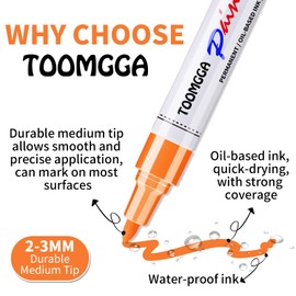 TOOMGGA Orange Permanent Paint Pens - 6 Pack Oil Based Paint Markers, Pens For Rock Painting Car Tyre Metal, Plastic, Canvas, Mugs, Wood, Glass, Quick Drying and Waterproof, Medium Point