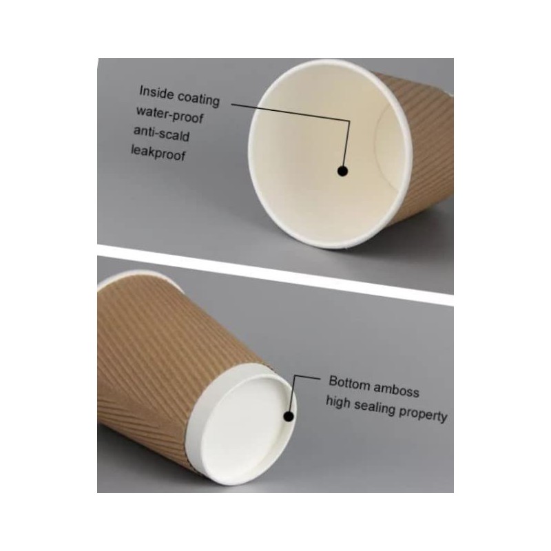 KRUCHI 250 X 12oz Disposable Kraft Ripple Paper Cups for