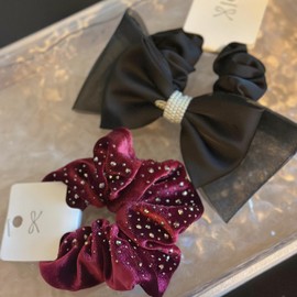 Elegant Hair Accessories Set, Black Satin Bow with Pearl Detail and Burgundy Velvet Scrunchie with Rhinestones, 2 Pieces