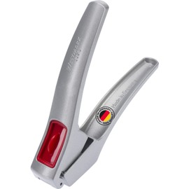 Westmark Knoblauchpresse mit extra großer Kammer und Reinigungselement, Länge: 16,2 cm, Aluminium/Kunststoff, Silber/Rot, 30082260