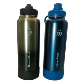 ThermoFlask Stainless Steel Water Bottle, 40 oz, 2-Pack (Silver/Blue Brushed)