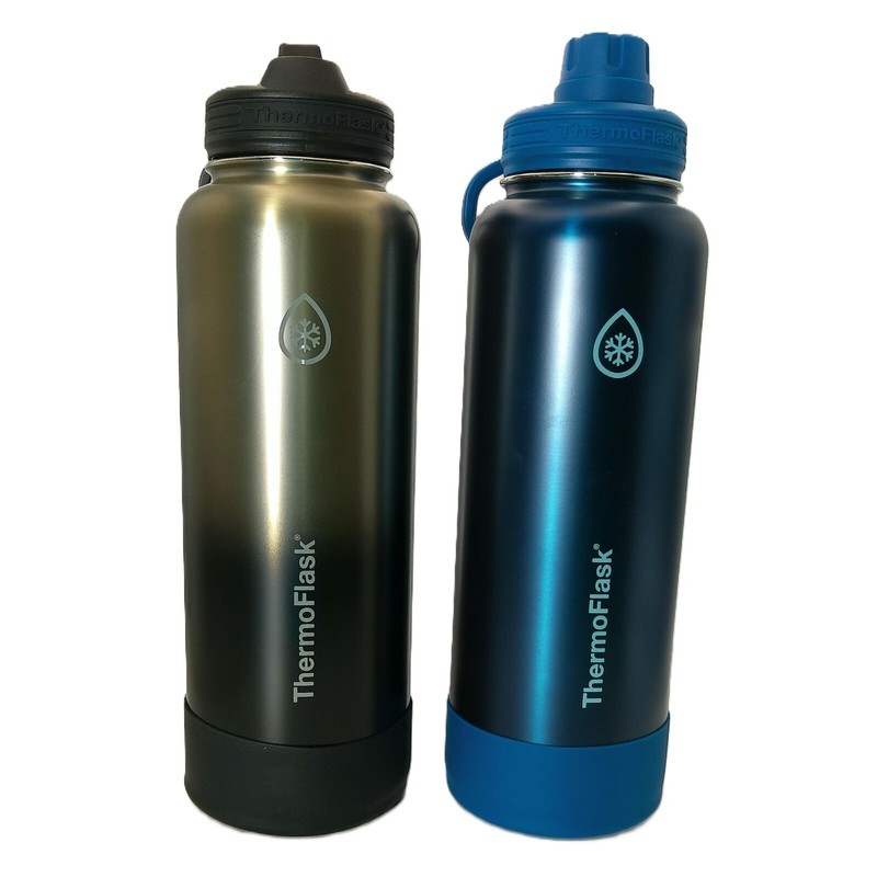 ThermoFlask Stainless Steel Water Bottle, 40 oz, 2-Pack (Silver/Blue Brushed)
