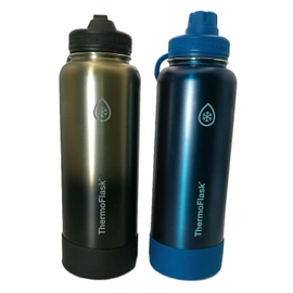 ThermoFlask Stainless Steel Water Bottle, 40 oz, 2-Pack (Silver/Blue Brushed)
