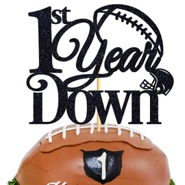 Decoración para tartas de 1er año con purpurina negra, un año de edad, feliz primer cumpleaños, temática de fútbol americano, decoración para fiesta de primer cumpleaños