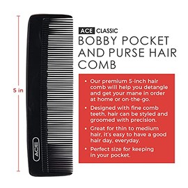 Goody Ace Classic Bobby - Peine de bolsillo y bolso, 5 pulgadas, negro, dientes duraderos y flexibles, adecuado para todo tipo de cabello, dientes fin
