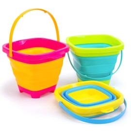 Shindel Foldable Beach Bucket Set, 2L Silicone Collapsible Toy Buckets for Kids, Camping Gear, Essentials Vacation, 3PCS