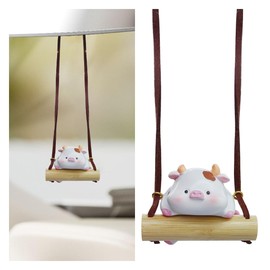 GAOLAOSY Swinging Cow Car Rearview Mirror Hanging Ornament, Cute Resin Animals Car Rear Mirror Charm Accessories, Fun Auto Interior Decoration Pendant Present for Women Girl (Cow)
