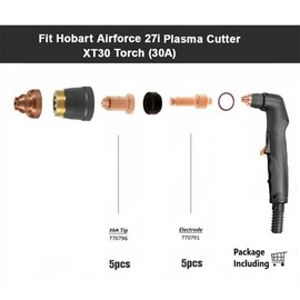Plasma Cutting 30A Tips 770796&Electrodes 770791+Orings Kit for Hobart Airforce 27i Plasma Cutter XT30R Torch Consumable Kit(PK12, 30Amp)