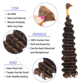 Human Braiding Hair for Boho Braids 50g 20 Inch Deep Wave Bulk Human Hair for Braiding 12A No Weft Curly Human Hair Extensions Color 4#