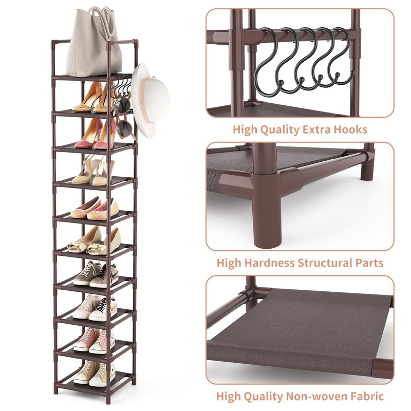 LANTEFUL Tall Shoe Rack 10-Tier Narrow Shoe Shelf Storage for