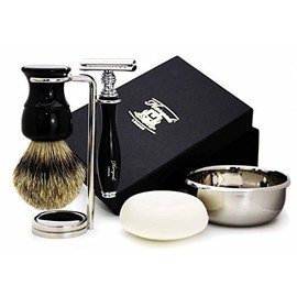 Classic Five Piece Shaving Set in Midnight Black Color Silver Tip Badger Shaving Brush, Double Double Edge Safety Razor Stand – Stainless Steel Bowl and Soap – Gift for Him
