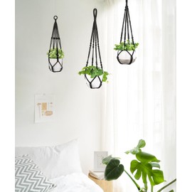 Mkono 3 Pack Macrame Plant Hangers Indoor Different Size Hanging Planter Basket Flower Pot Holder with Beads No Tassels 35"/29"/23", Medium, Black