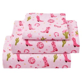 Softan Kids Bed Sheet Set, Girls Twin Size Kids Sheets, Microfiber Kids Fitted Sheet and Pillowcase, Breathable and Silky Soft, 3 Piece Pink Boots Printed Kids Twin Bed Sheet