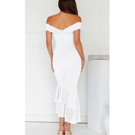 GOBLES Women's Sexy Off The Shoulder Slim Fitting Ruffle Buttom Ruched Bodycon Midi Party Dress White