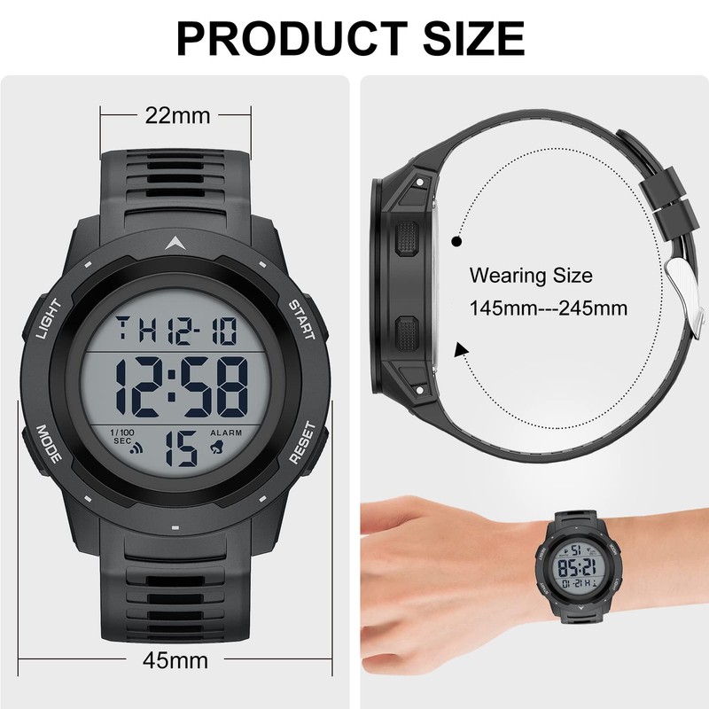 GOLDEN HOUR Mens Waterproof Digital Sport Watches Wide Screen Easy