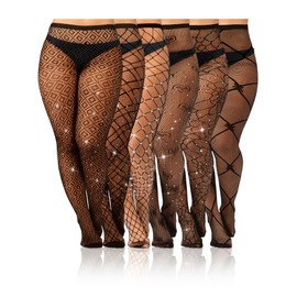 Geyoga 6 Pair Plus Size Rhinestone Fishnets Stockings Glitter Sparkly Tights High Waist Black Fishnet Pantyhose for Women(L-xl)