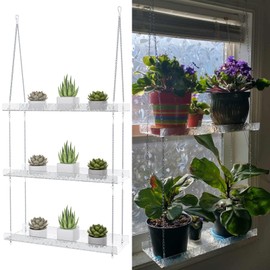 Sturdy Water-Ripple Window Plant Shelves, Clear Acrylic Window Plant Hanger, 3-Tier Adjustable Hanging Plant Stand for Indoor Windows Grow Succulents, Herbs, Flower