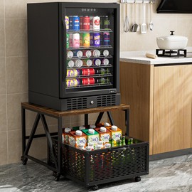 Urban Deco Mini Fridge Stand with Storage,Heavy Duty Fridge Cart with Drawer Basket,Mini Refrigerator Table for 220LBS,Mobile Fridge Stand with Swivel Wheels for Dorm,Home,Brown(Frame with Wheels)