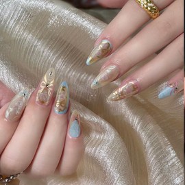 Press On Nails, Short Almond Ballet Duck Fake Nails, Cute Flower Stick on nails, Glue on Nails on 24PCs (Pink Blue Flower)