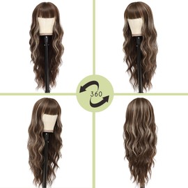 NAYOO Long Brown Wigs with Bangs for Women Curly Wavy Hair Wigs Heat Resistant Synthetic Fiber Wigs for Daily Party Use 26 Inches (Brown Mixed Blonde)