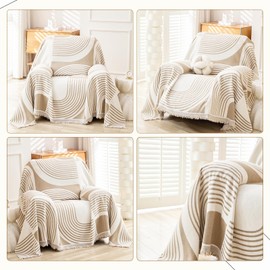 WEYOND Boho Chenille Couch Cover with Tassels, Bohemian Sofa Cover for 1 Cushion Couch, Armchair, Chair, 1 Seater (71" x 91", Khaki)