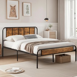 VECELO Queen Platform Bed Frame with Headboard,Heavy Duty Sturdy Steel Slats Support/Matress Foudation/No Box Spring Needed(Metal&Wooden)