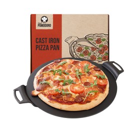 Chef Pomodoro Cast Iron Pizza Pan, Pre-Seasoned Dosa Pan with Handles, Flat Pan for Oven, Round Griddle for Dosa Tawa Roti, Comal for Tortillas, Baking Stove, Oven, Grill BBQ and Campfire (15-inch)