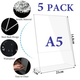 CYH A5 Acrylic Sign Holder, 5 Pcs Acrylic Poster Menu Holder, Clear Plastic Display Holders, L-Shape Perspex Leaflet Table Menu Display Stands for Restaurant Store Hotel Office Stall Exhibition