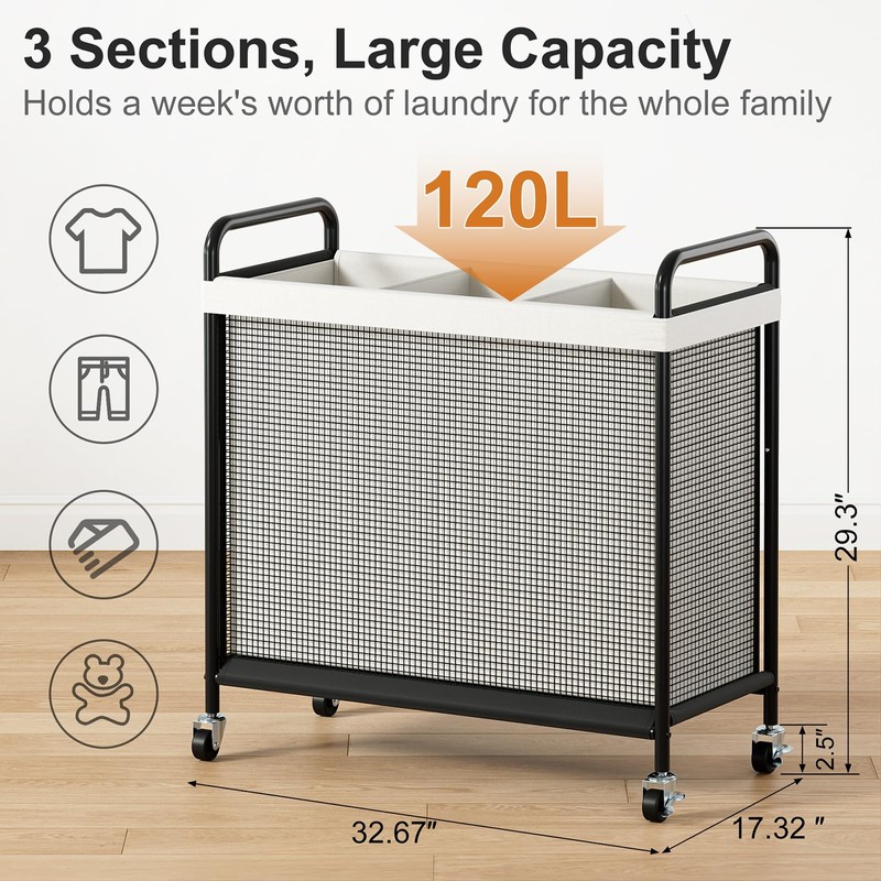 WOWLIVE Laundry Hamper 3 Section, 120L Rolling Laundry Basket with