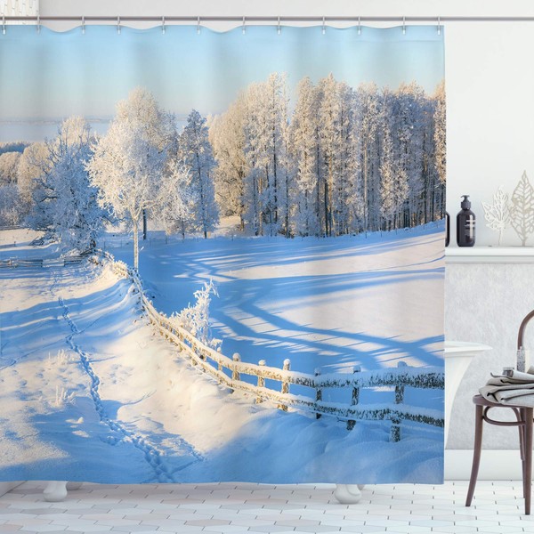 Ambesonne Farmland Shower Curtain, Winter Snow Valley with Oak Borders Pines Frozen Pastoral High Cold Lands Art, Cloth Fabric Bathroom Decor Set with Hooks, 70" Long, White Blue
