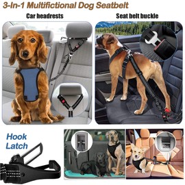Kelivi Dog Car Seat Belt, 3-IN-1 Dog Seat Belt Pet Dog Seat Belts for Cars Headrest Restraint Hook Latch Bar Clip Buckle Tether for Large Medium Small Dogs With Dog Bowl