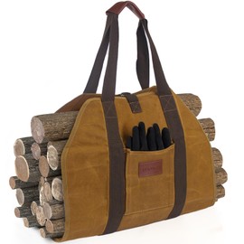 TUOWEI Newest Waxed Canvas Firewood Carrier - Sturdy Heavy Duty Log Carrier for Firewood Large Capacity Wood Carrier Log Tote Bag Firewood Holder Fireplace Wood Stove Accessories with Pocket & Gloves