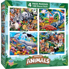 MasterPieces Puzzle Set - 4-Pack 100 Piece Jigsaw Puzzle for Kids - World of Animals 4-Pack - 8"x10"