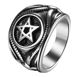 JewelryWe Men's Baphomet Satanic Ring: Devil Pentagram Goat Signet Hypoallergenic Stainless Steel Rings Band Talisman Amulet Jewelry Gift