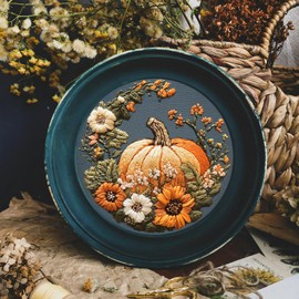 FONNUY Pumpkin Embroidery Kit for Beginners, Pre-Stamped Pattern Kits for Adults with Hoop, Easy to Follow Color Thread Needlework, 8'' Hoop (Yellow)