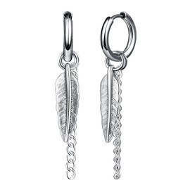 Yumilok Men's Feather Stud Earrings Hoop Earrings Women's Earrings Stainless Steel Stud Earrings Men's Earrings Silver Stud Chain Pendant Tassels for Men Women, Stainless Steel