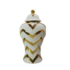 Homeroots 18" White and Gold Chevron Urn Ceramic Ginger Jar